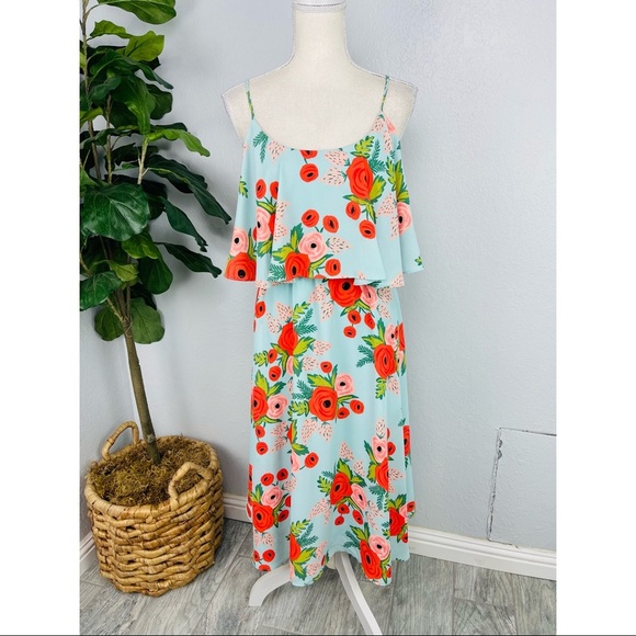 Paper Crown x Rifle Paper Floral Blue Double Tiers Chiffon Poppy Fields Dress - Picture 3 of 9